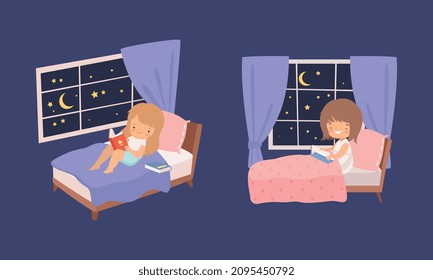 Cute Little Girl Lying on Soft Pillow in Her Bed at Night and Reading Bedtime Story Vector Set