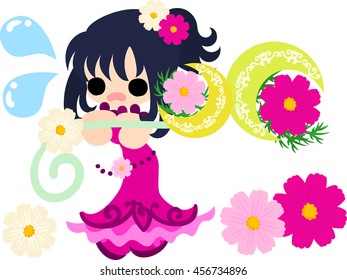 A cute little girl and the magic stick of cosmos