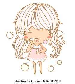 Cute little girl make bubble soap. Vector illustration, white background, character design