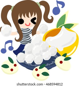 A cute little girl and making race cakes for moon watching