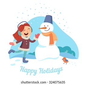 Cute little girl making a snowman. Greeting card or poster for christmas and New Year. Vector illustration.