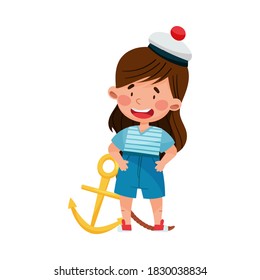 Cute Little Girl in Mariner Striped Vest and Peakless Hat Standing with Anchor Vector Illustration
