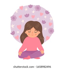 Cute little girl meditating. Child meditation. mindfulness, relax vector illustration isolated on white background.