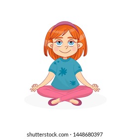 Cute Little Girl Meditating Handdrawn Cartoon Stock Vector (Royalty ...