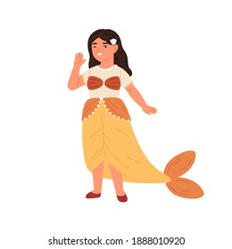 Cute little girl in mermaid costume vector flat illustration. Funny child winking and waving hand, playing at kids theater performance isolated. Female kid in carnival apparel of sea creature at party