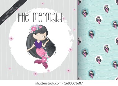 Cute little girl mermaid with seamless pattern