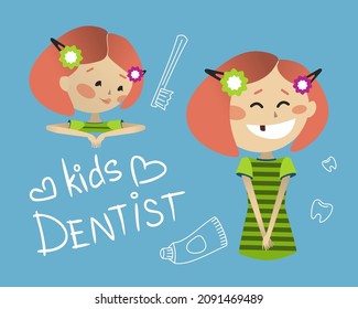 Cute little girl with a missing tooth. Dental examination. Vector illustration for pediatric dentistry