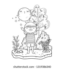 cute little girl with moon kawaii in the landscape