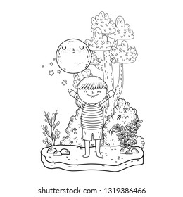 cute little girl with moon kawaii in the landscape