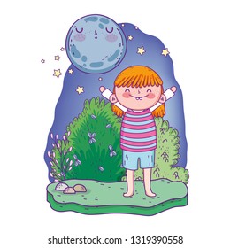 cute little girl with moon kawaii in the landscape