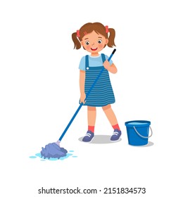 Cute Little Girl Mopping The Floor With Mop And Bucket Doing Housework Chore At Home