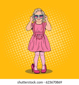 Cute Little Girl in Mothers Shoes and Sunglasses. Fashion Model. Pop Art Vector illustration