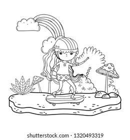 cute little girl mounted in skateboard in landscape