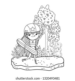cute little girl mounted in skateboard in landscape