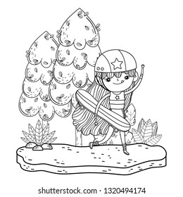 cute little girl mounted in skateboard in landscape