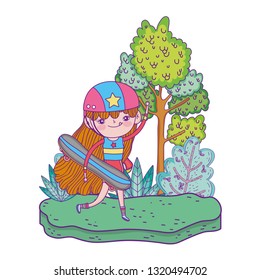 cute little girl mounted in skateboard in landscape