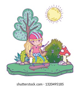 cute little girl mounted in skateboard in landscape