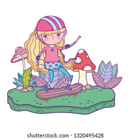cute little girl mounted in skateboard in landscape