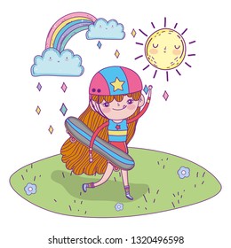 cute little girl mounted in skateboard in landscape