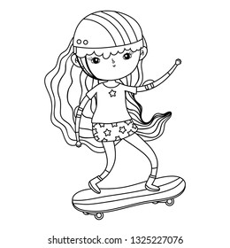 cute little girl mounted in skateboard