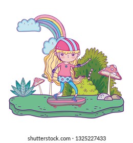 cute little girl mounted in skateboard in landscape