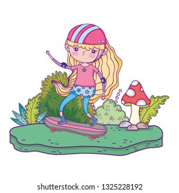 cute little girl mounted in skateboard in landscape