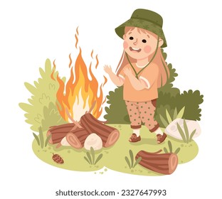 Cute Little Girl Near Burning Campfire Hiking and Trekking Exploring Nature Vector Illustration