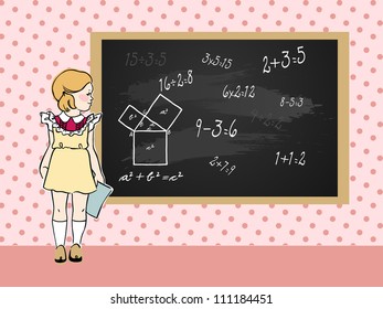 Cute little girl near school blackboard with mathematical problems. Vector illustration.