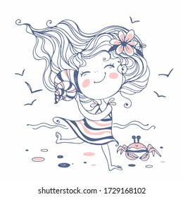 Cute little girl on the beach listening to a seashell. Vector.