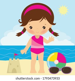 Cute Little Girl On Beach Vector Stock Vector (royalty Free) 1793473933 