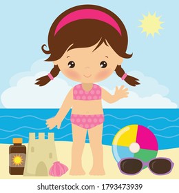 Cute Little Girl On Beach Vector Stock Vector (royalty Free) 1793473933 