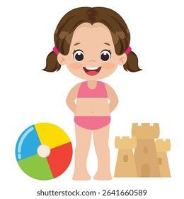 Cute little girl on the beach vector cartoon illustration