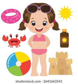Cute little girl on the beach vector cartoon illustration