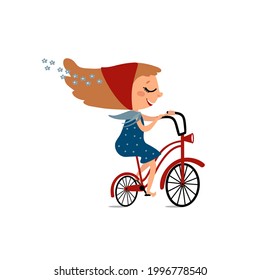 Cute little girl on a bicycle. Happy female kid riding a bike. Funny cartoon child, children outdoor activity. Hand drawn vector illustration, isolated on white. Flat design