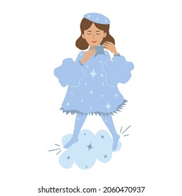 Cute little girl on a cloud in a blue dress. Holding a star in her hand Magic girl. Abstract trendy winter image. Cartoon flat vector illustration. Isolated over white background.
