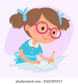 Cute little girl on the desk studying writing on notebook doing her homework at home