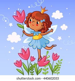 Cute little girl on a flower. The girl with a flower in her hand on the cloudy background. Vector illustration. Drawing on children theme. Little princess on a flower. Girl with tulips.
