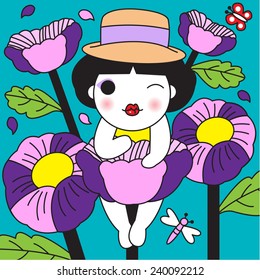 Cute Little Girl on Flowers illustration
