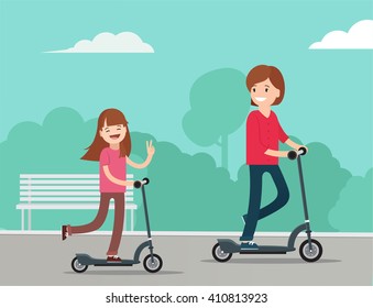 Cute little girl on kick scooter have fun with mother in the park in summer sunny day. Young mother teaching daughter to ride scooter. Parents and children concept. Vector flat illustration. Eps 8