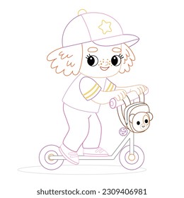 Cute little girl on a scooter. Coloring book for children