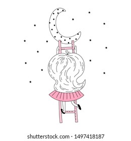 Cute little girl on stairs reaching for her moon. Vector doodle illustration in pink colour for girlish designs like textile apparel print, wall art, poster.