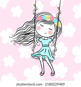 Cute little girl on swing with flowers on her head.