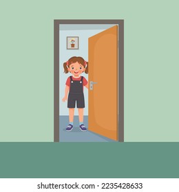 Cute little girl open the door