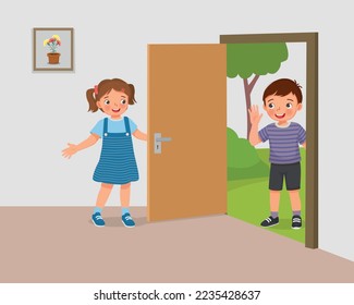 Cute little girl open the door for boy friend welcoming guest