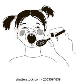 A cute little girl opened her mouth, her mother's hand feeds porridge from a spoon. The drawing is done in black and white. Stock vector illustration isolated on a white background.