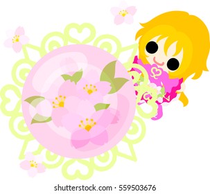 A cute little girl and an ornament of cherry blossom