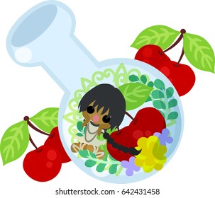 A cute little girl and an ornament of cherry in a bottle