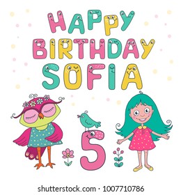 Cute little girl, owl and fun colorful number characters from 0 to 9. The phrase happy birthday is written with the use of funny letters with eyes. Can be used for birthday cards, baby announcement