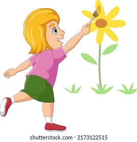 Cute little girl painting and drawing flower on the wall