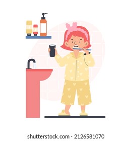 Cute little girl in pajamas brushing her teeth at night or in morning, flat vector illustration isolated on white background. Child performs daily dental care routine.